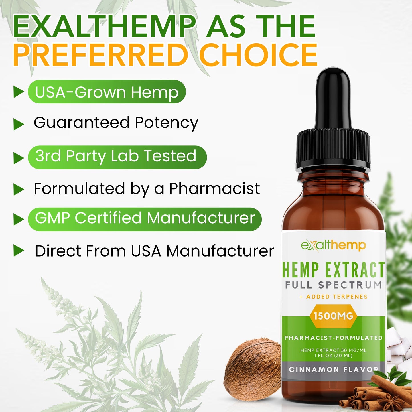 Hemp Extract Full Spectrum Oil - 1500mg - Cinnamon and Unflavored - ExaltHemp