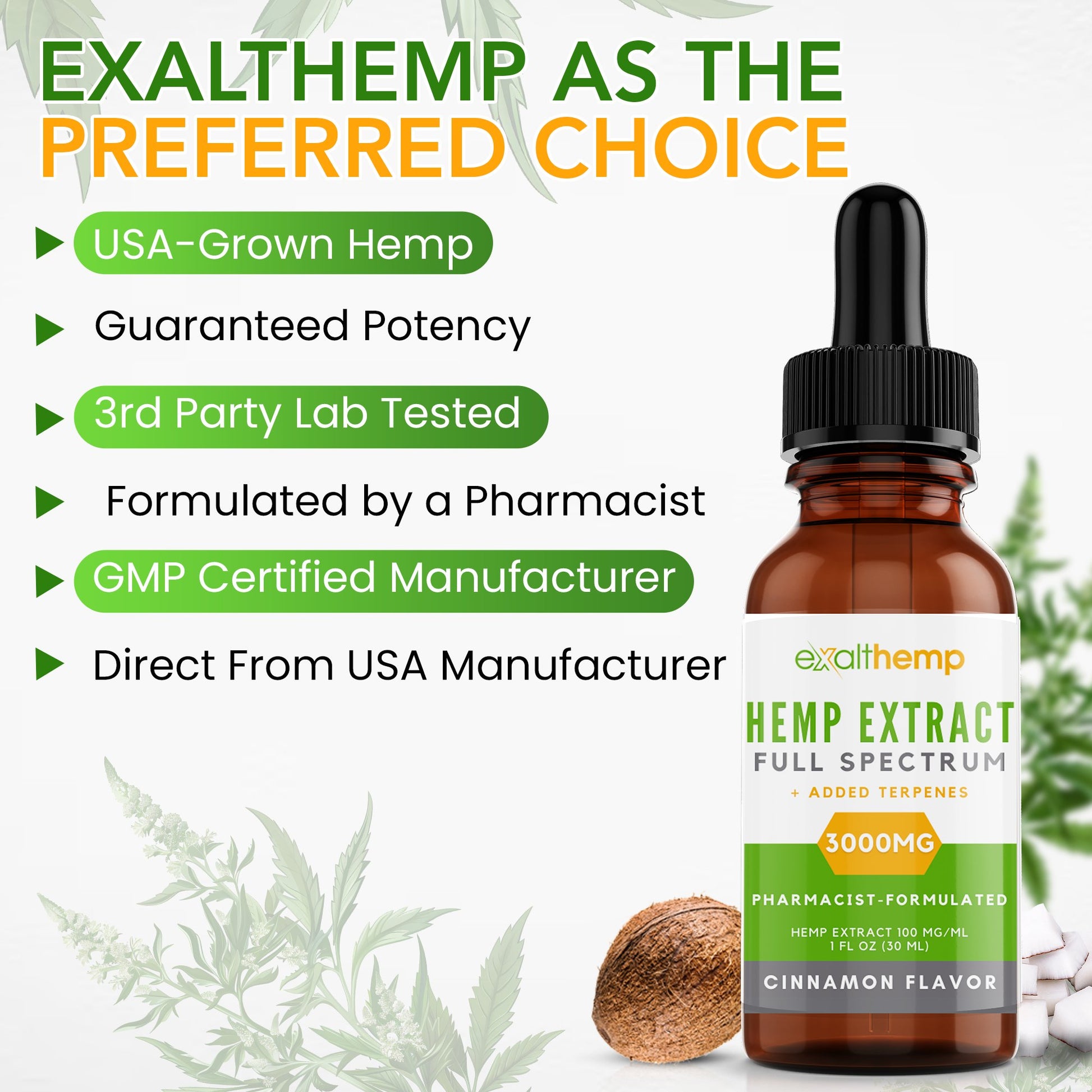 Hemp Extract Full Spectrum Oil - 3000mg - Cinnamon and Unflavored - ExaltHemp