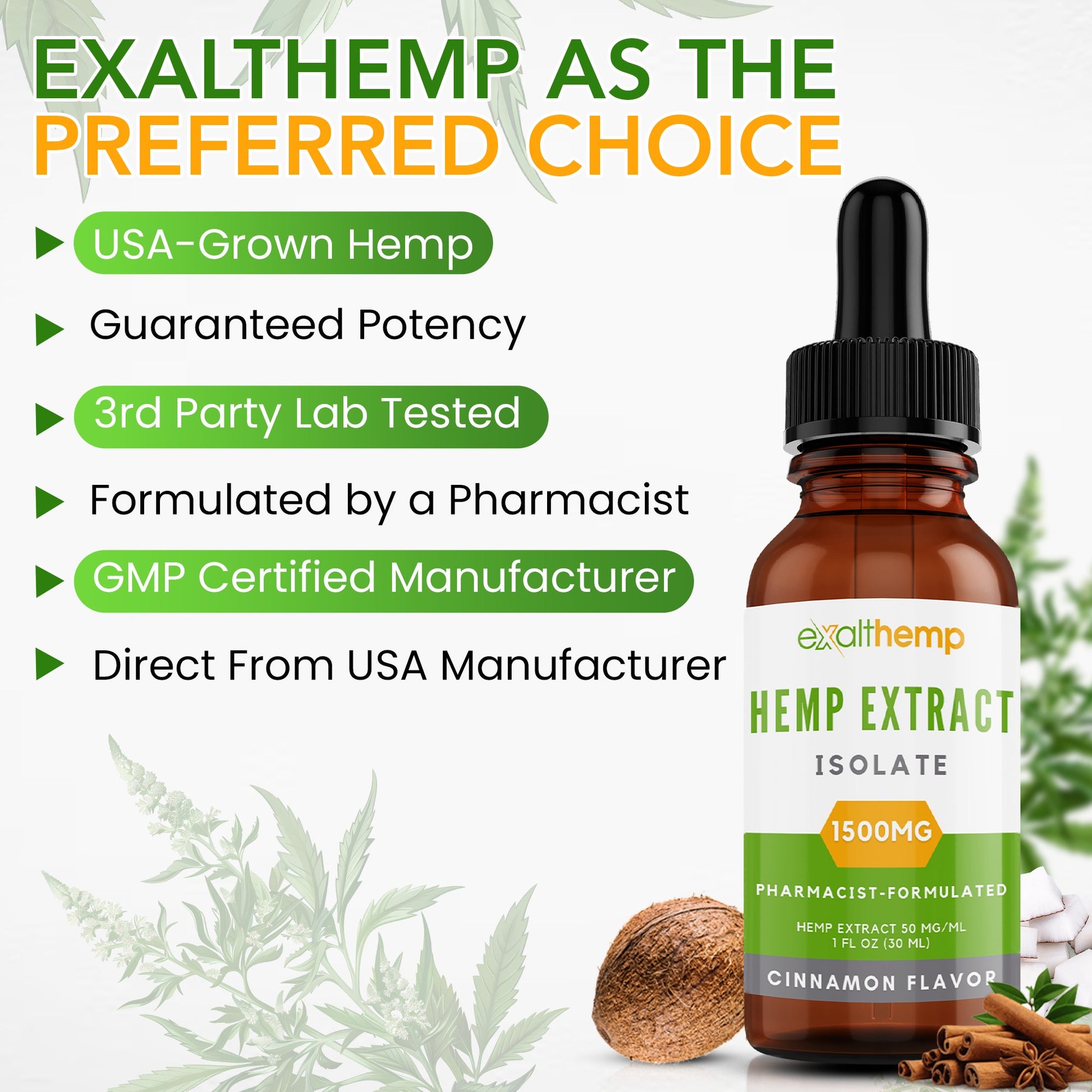 Hemp Extract Isolate Oil - 1500mg - Cinnamon and Unflavored (No Terpenes) - ExaltHemp